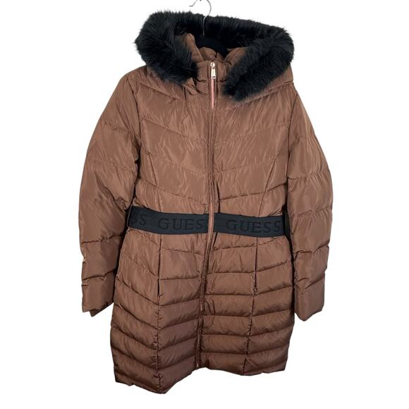 GUESS Janina Brown Long Line Faux Fur Hood Full Zip Down Puffer Jacket Size L - Picture 1 of 14